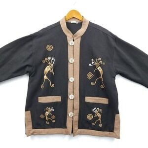 Vintage Venus Imports Jacket Women L Black Embroidered Kokopelli Kimono Mandarin